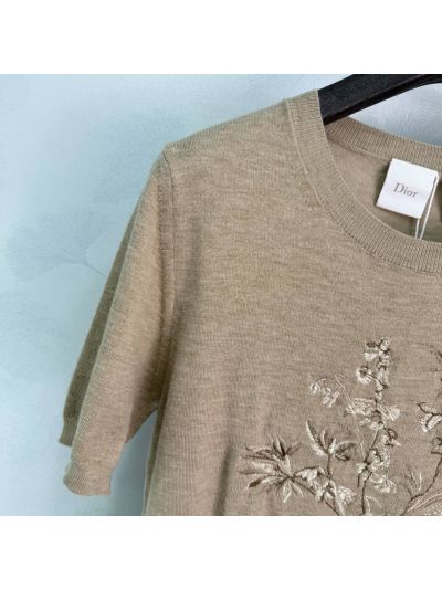Dior Crew Neck Short Sleeve Knit Top in Beige