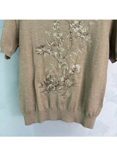 Dior Crew Neck Short Sleeve Knit Top in Beige
