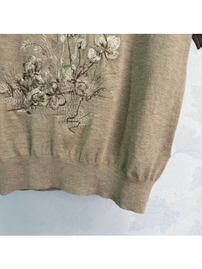 Dior Crew Neck Short Sleeve Knit Top in Beige