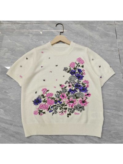 Dior Crew Neck Short Sleeve Knit Top in Multicolor