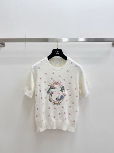 Dior Crew Neck Short Sleeve Knit Top in White