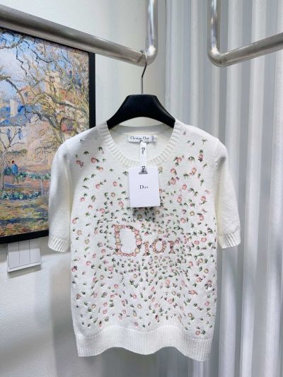 Dior Crew Neck Short Sleeve Knit Top in White