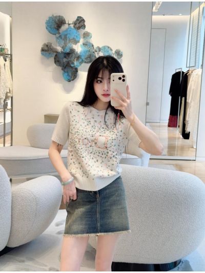 Dior Crew Neck Short Sleeve Knit Top in White