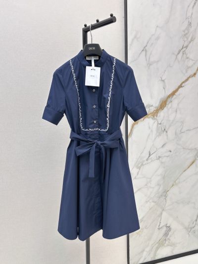 Dior Embroidered Contrast-Trim Dress in Navy