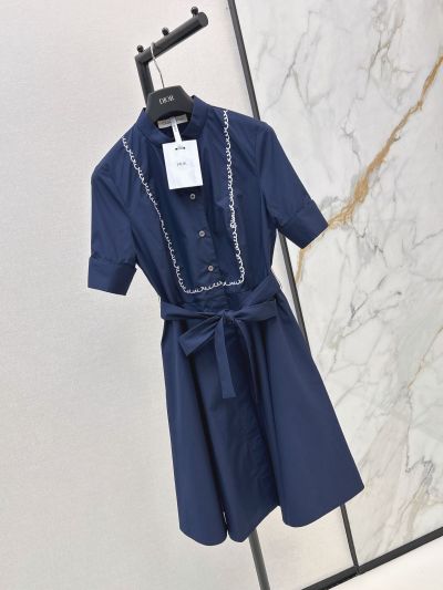 Dior Embroidered Contrast-Trim Dress in Navy
