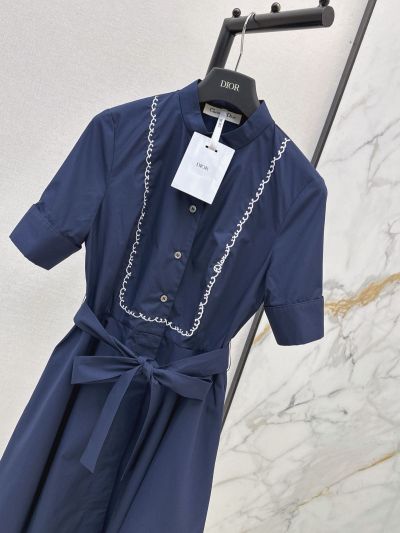 Dior Embroidered Contrast-Trim Dress in Navy