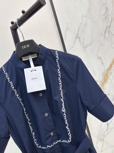 Dior Embroidered Contrast-Trim Dress in Navy