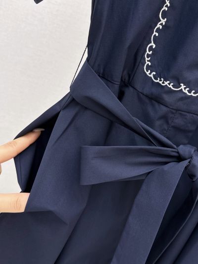 Dior Embroidered Contrast-Trim Dress in Navy
