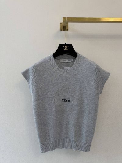 Dior Embroidered Crew Neck Knit Top in Grey