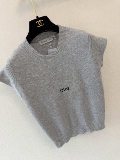 Dior Embroidered Crew Neck Knit Top in Grey