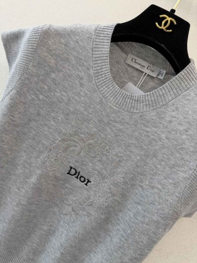 Dior Embroidered Crew Neck Knit Top in Grey