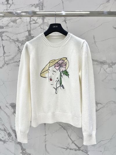 Dior Embroidered Long Sleeve Knit Top in White