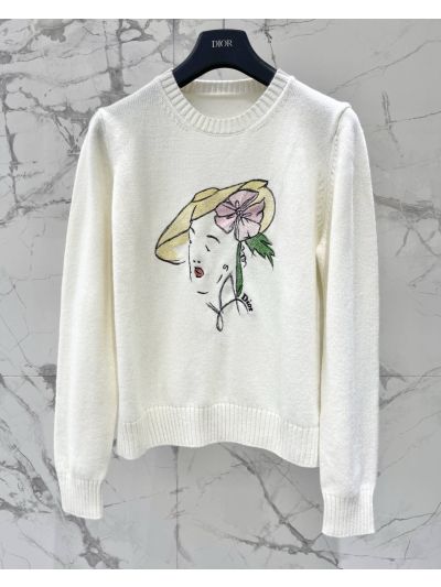 Dior Embroidered Long Sleeve Knit Top in White