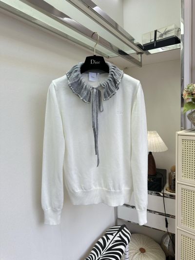 Dior Embroidered Pearl Knit Top in White