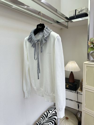 Dior Embroidered Pearl Knit Top in White