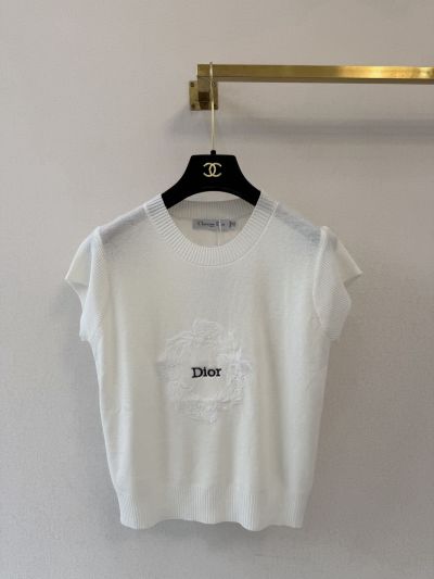 Dior Embroidered Short Sleeve Knit Top in White
