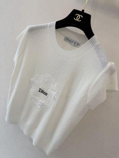 Dior Embroidered Short Sleeve Knit Top in White