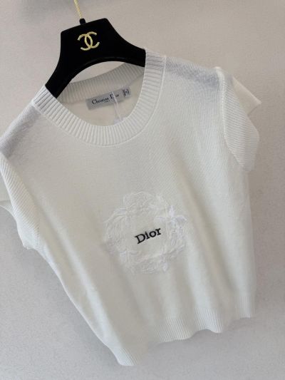 Dior Embroidered Short Sleeve Knit Top in White