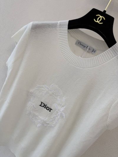 Dior Embroidered Short Sleeve Knit Top in White