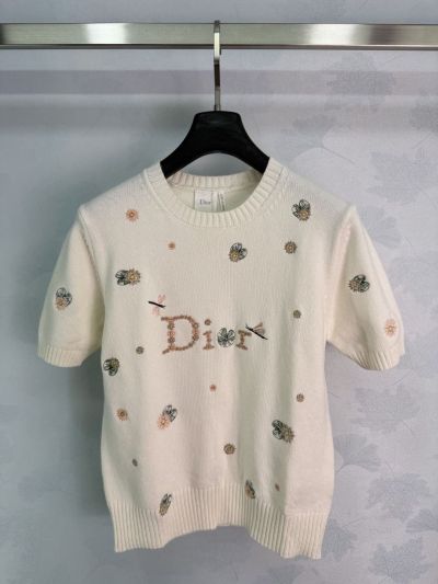 Dior Embroidered Short Sleeve Knit Top in White