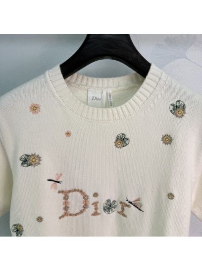 Dior Embroidered Short Sleeve Knit Top in White
