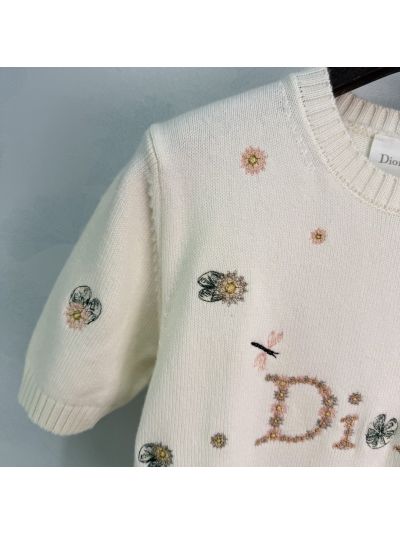 Dior Embroidered Short Sleeve Knit Top in White