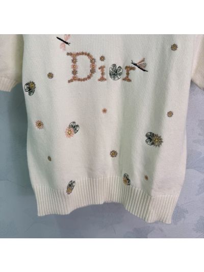 Dior Embroidered Short Sleeve Knit Top in White