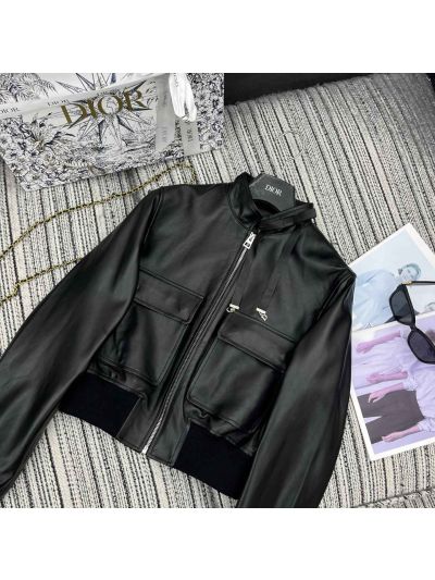 Dior Leather Contrast-Trim Jacket in Black