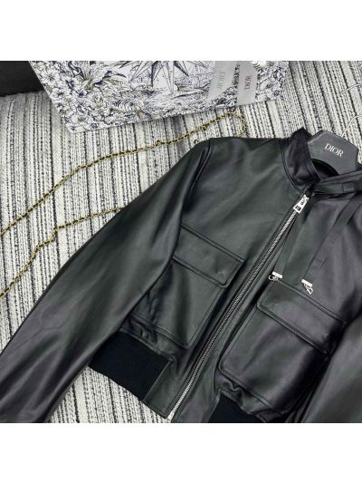 Dior Leather Contrast-Trim Jacket in Black