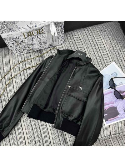 Dior Leather Contrast-Trim Jacket in Black