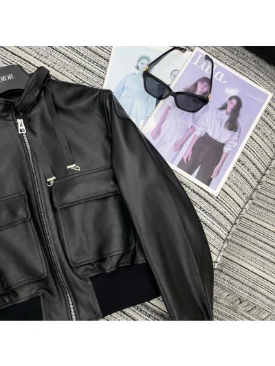 Dior Leather Contrast-Trim Jacket in Black