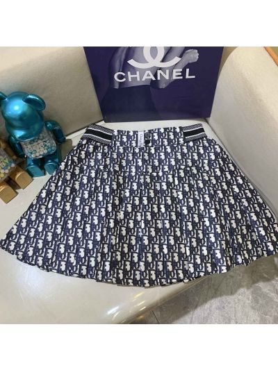 Dior Pleated Monogram Skirt in Navy and White