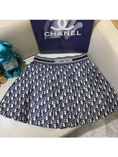 Dior Pleated Monogram Skirt in Navy and White