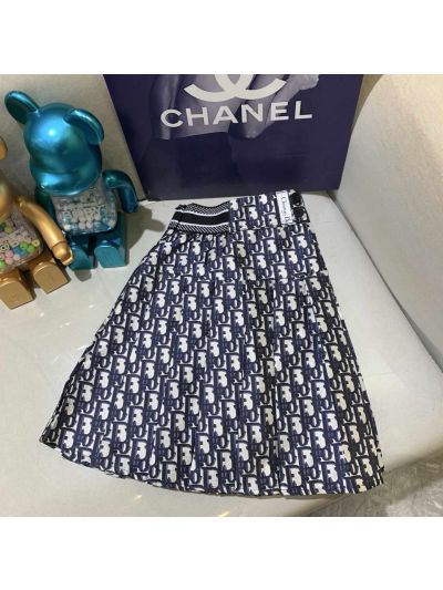 Dior Pleated Monogram Skirt in Navy and White