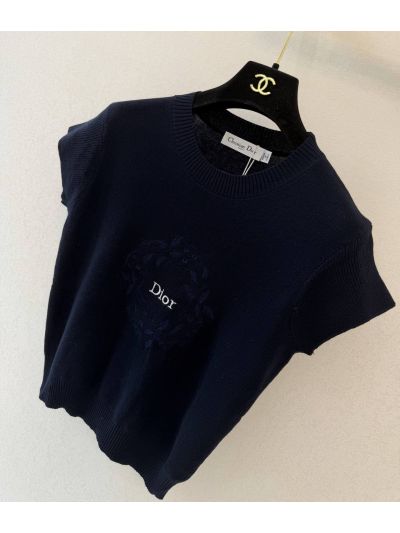 Dior Short Sleeve Crew Neck Knit Top in Navy