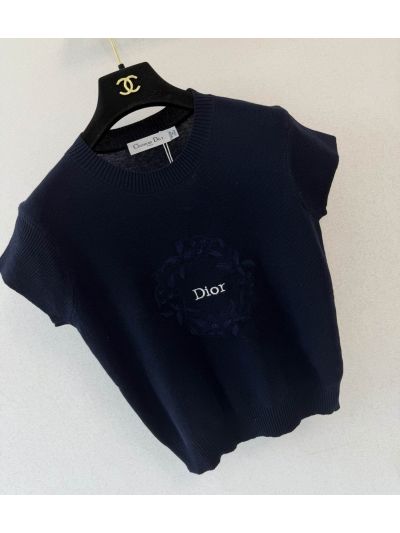Dior Short Sleeve Crew Neck Knit Top in Navy