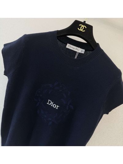 Dior Short Sleeve Crew Neck Knit Top in Navy