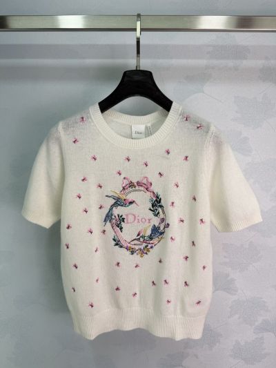 Dior Short Sleeve Embroidered Knit Top in White