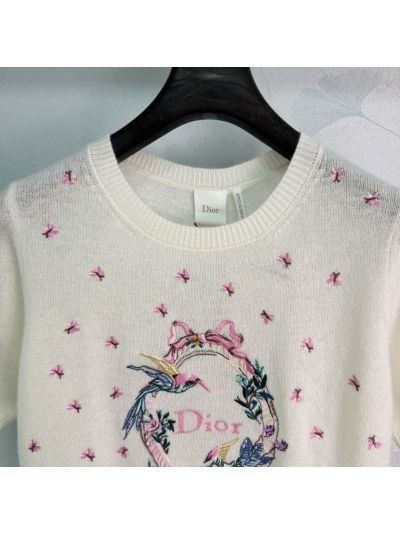 Dior Short Sleeve Embroidered Knit Top in White