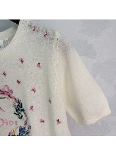 Dior Short Sleeve Embroidered Knit Top in White