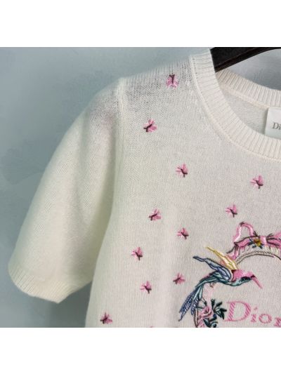 Dior Short Sleeve Embroidered Knit Top in White