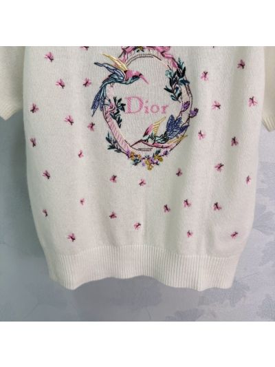 Dior Short Sleeve Embroidered Knit Top in White