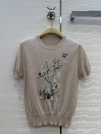 Dior Short Sleeve Embroidered Sweater in Beige