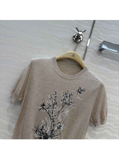Dior Short Sleeve Embroidered Sweater in Beige