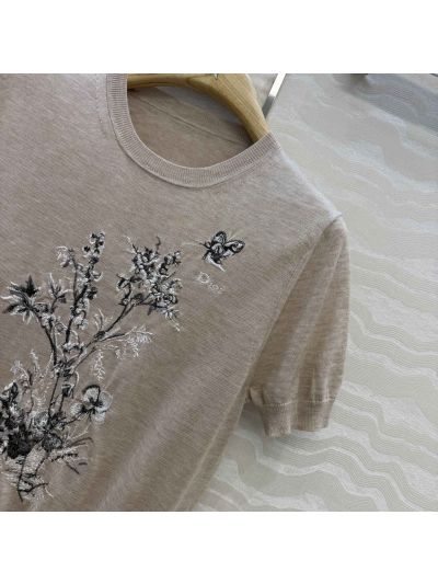 Dior Short Sleeve Embroidered Sweater in Beige