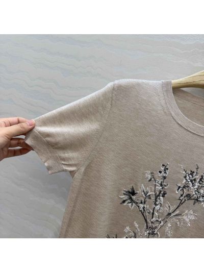 Dior Short Sleeve Embroidered Sweater in Beige