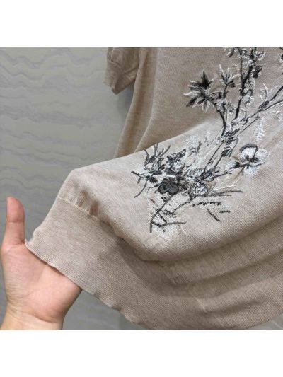 Dior Short Sleeve Embroidered Sweater in Beige