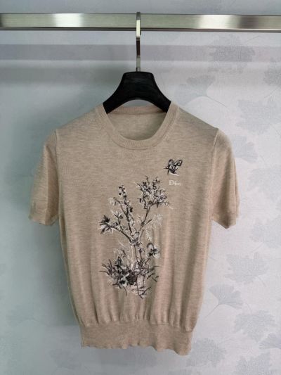 Dior Short Sleeve Embroidered Sweater in Beige