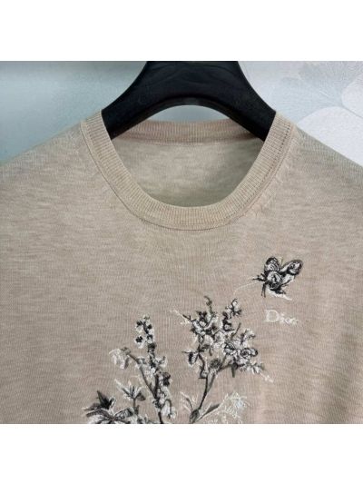 Dior Short Sleeve Embroidered Sweater in Beige