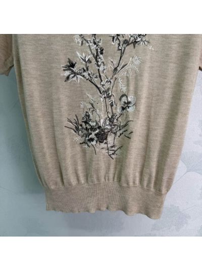 Dior Short Sleeve Embroidered Sweater in Beige